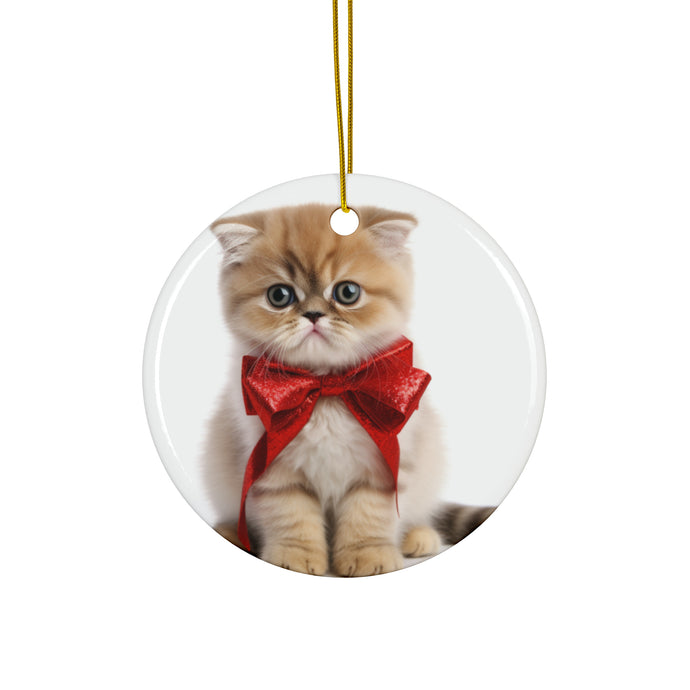 DistinctInk Hanging Ceramic Christmas Tree Ornament with Gold String - Great Gift/Present - 2 3/4 inch Diameter - Exotic Shorthair Kitten Design