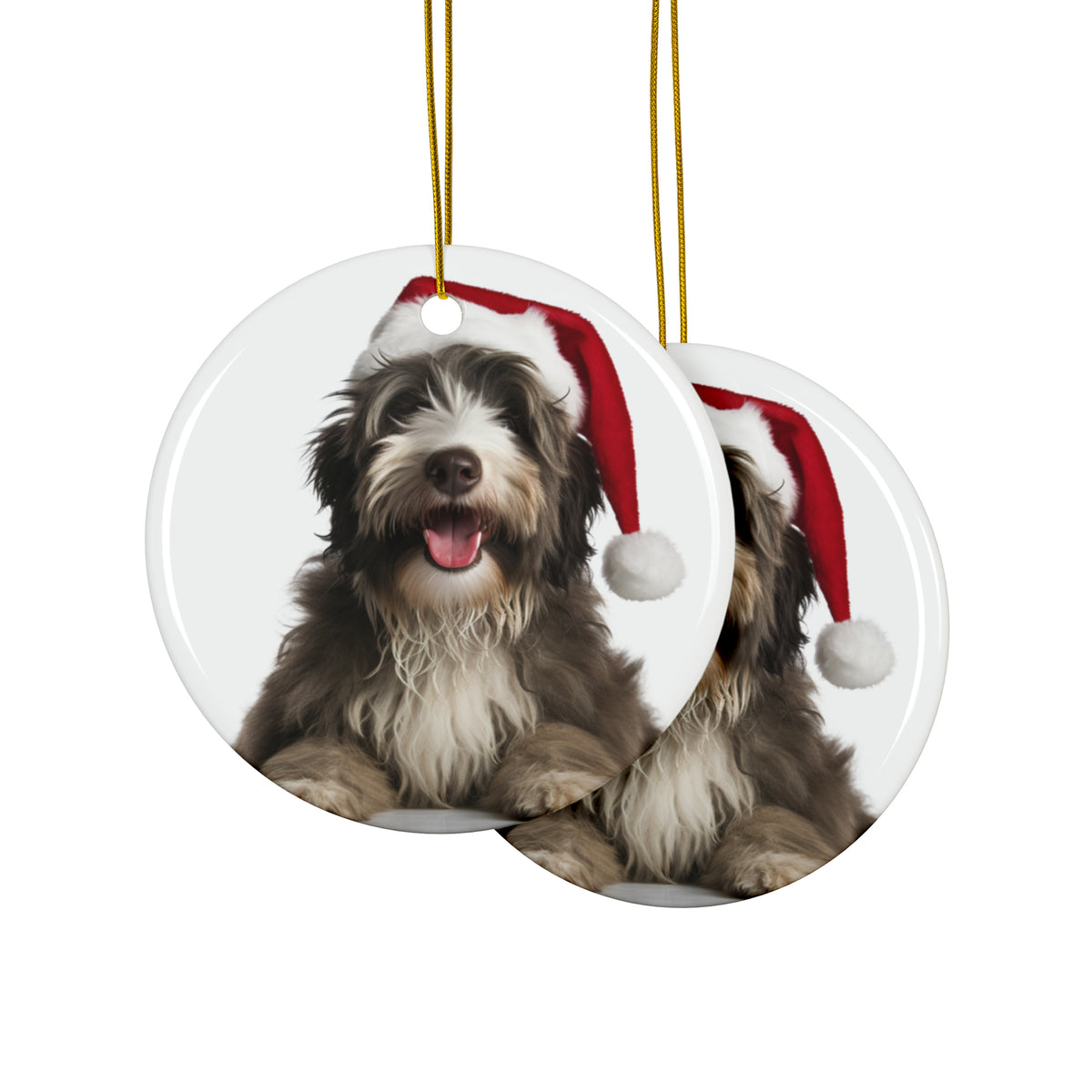 Hanging Ceramic Christmas Tree Ornament with Gold String - Bergamasco Sheepdog Puppy Design, view 2