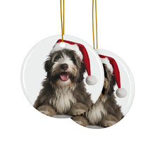 DistinctInk Hanging Ceramic Christmas Tree Ornament with Gold String - Great Gift/Present - 2 3/4 inch Diameter - Bergamasco Sheepdog Puppy Design