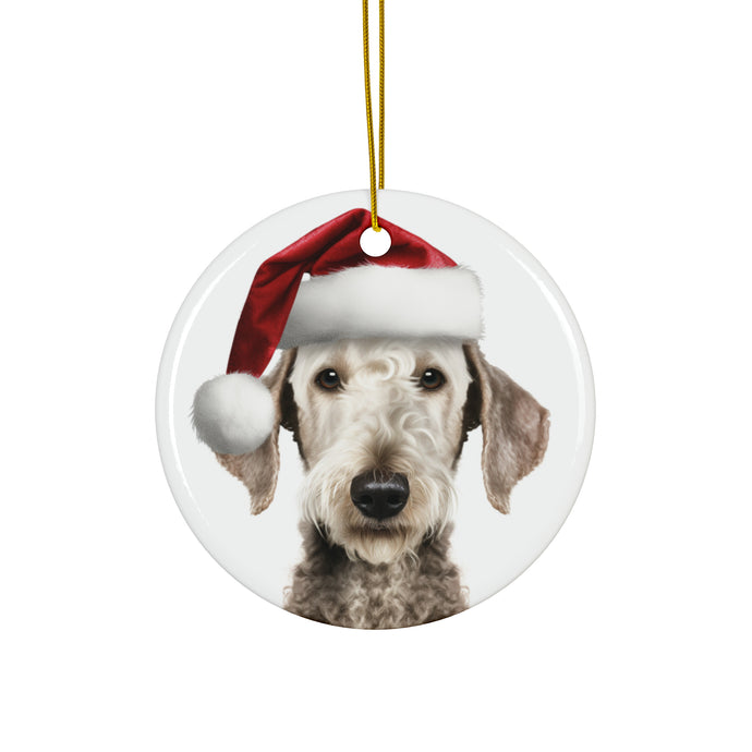 DistinctInk Hanging Ceramic Christmas Tree Ornament with Gold String - Great Gift/Present - 2 3/4 inch Diameter - Bedlington Terrier Design