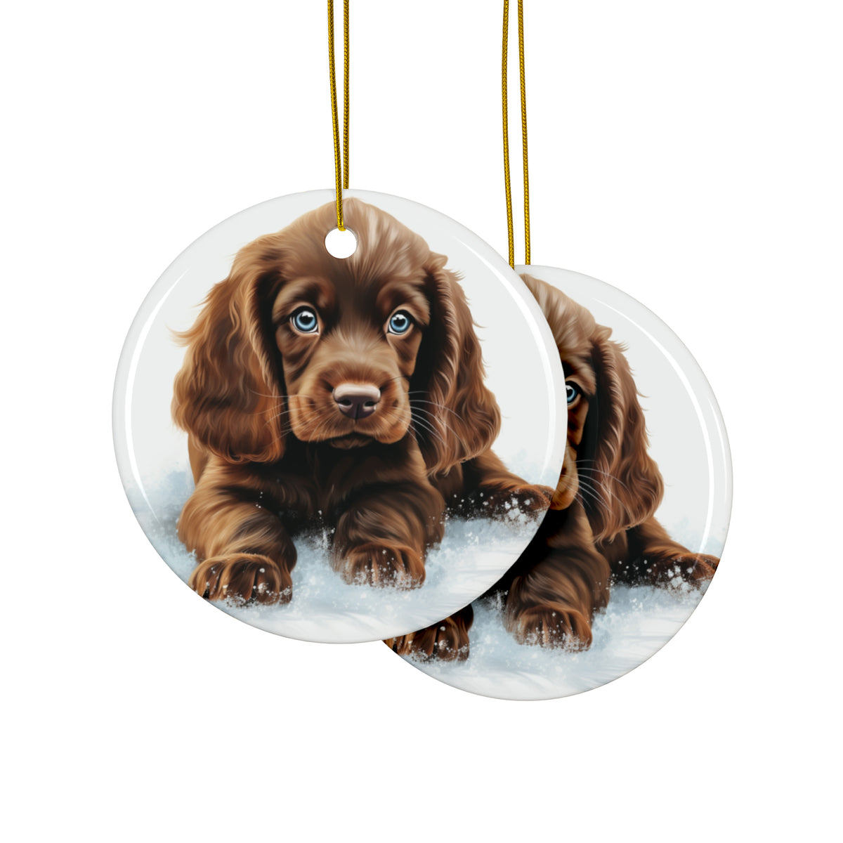 Hanging Ceramic Christmas Tree Ornament with Gold String - Sussex Spaniel Puppy Drawing Design, view 2