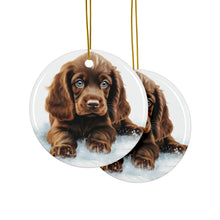 DistinctInk Hanging Ceramic Christmas Tree Ornament with Gold String - Great Gift/Present - 2 3/4 inch Diameter - Sussex Spaniel Puppy Drawing Design