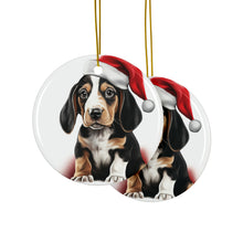 DistinctInk Hanging Ceramic Christmas Tree Ornament with Gold String - Great Gift/Present - 2 3/4 inch Diameter - Treeing Walker Coonhound Puppy Drawing Design