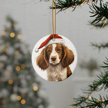 DistinctInk Hanging Ceramic Christmas Tree Ornament with Gold String - Great Gift/Present - 2 3/4 inch Diameter - Welsh Springer Spaniel Puppy Drawing Design