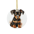 Hanging Ceramic Christmas Tree Ornament with Gold String - German Pinscher Puppy Drawing Design