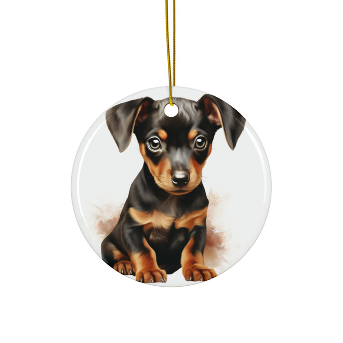 DistinctInk Hanging Ceramic Christmas Tree Ornament with Gold String - Great Gift/Present - 2 3/4 inch Diameter - German Pinscher Puppy Drawing Design