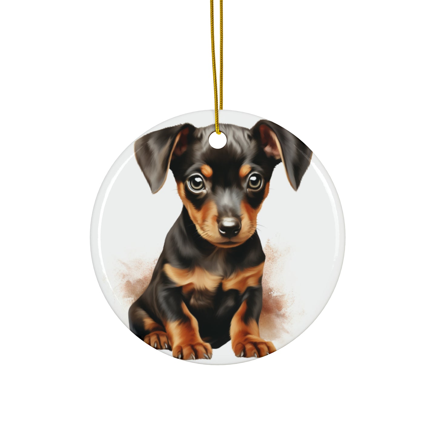 DistinctInk Hanging Ceramic Christmas Tree Ornament with Gold String - Great Gift/Present - 2 3/4 inch Diameter - German Pinscher Puppy Drawing Design