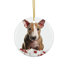 DistinctInk Hanging Ceramic Christmas Tree Ornament with Gold String - Great Gift/Present - 2 3/4 inch Diameter - Bull Terrier Puppy Design