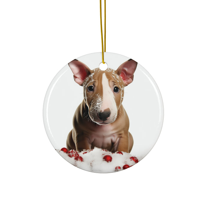 DistinctInk Hanging Ceramic Christmas Tree Ornament with Gold String - Great Gift/Present - 2 3/4 inch Diameter - Bull Terrier Puppy Design