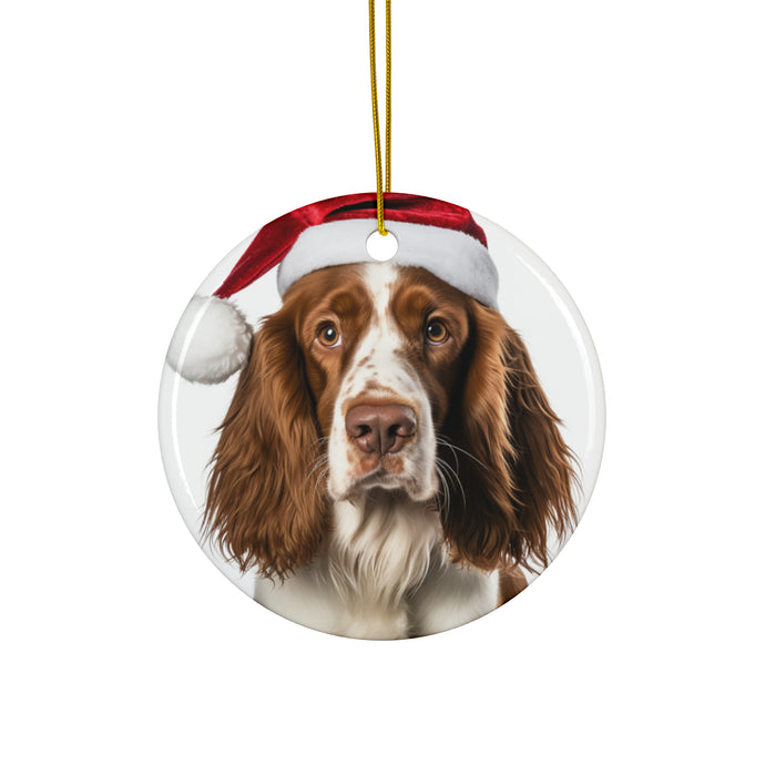 DistinctInk Hanging Ceramic Christmas Tree Ornament with Gold String - Great Gift/Present - 2 3/4 inch Diameter - Welsh Springer Spaniel Design