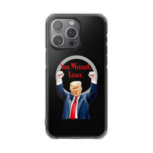 DistinctInk Clear Case for Apple iPhone, Compatible with MagSafe – Trump ‘You Missed, Loser’ Cartoon Design