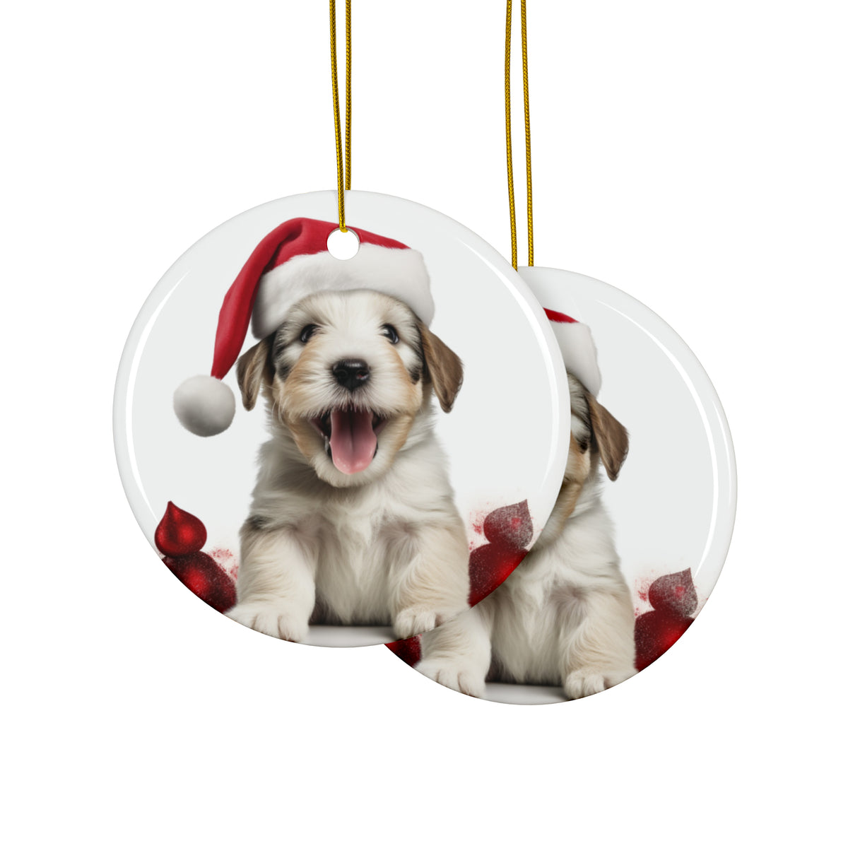 Hanging Ceramic Christmas Tree Ornament with Gold String - Sealyham Terrier Puppy Design, view 2