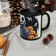 DistinctInk Black Coffee Mug - Skeleton Ghost and Pumpkin for Halloween