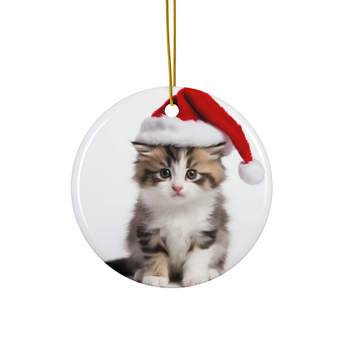 DistinctInk Hanging Ceramic Christmas Tree Ornament with Gold String - Great Gift/Present - 2 3/4 inch Diameter - American Curl Kitten Design