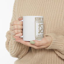 DistinctInk Glossy White Coffee / Tea Mug - Stay Well Lubricated Sleep With a Mechanic