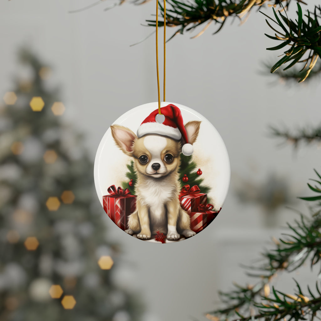 Hanging Ceramic Christmas Tree Ornament with Gold String - Chihuahua Puppy Drawing Design, view 3