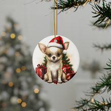 DistinctInk Hanging Ceramic Christmas Tree Ornament with Gold String - Great Gift/Present - 2 3/4 inch Diameter - Chihuahua Puppy Drawing Design