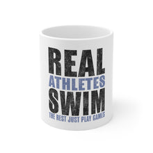 DistinctInk Glossy White Coffee / Tea Mug - Real Athletes Swim Rest Play Games