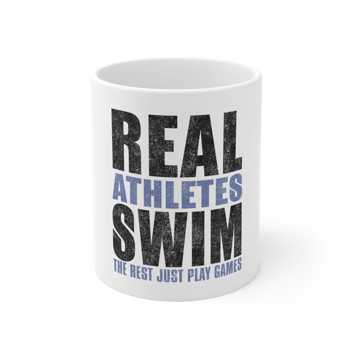 DistinctInk Glossy White Coffee / Tea Mug - Real Athletes Swim Rest Play Games