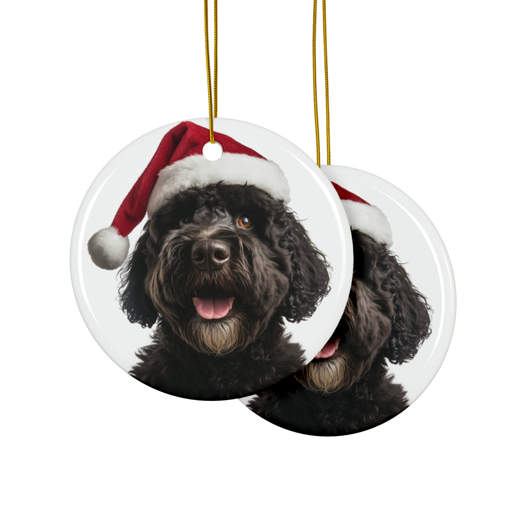 Hanging Ceramic Christmas Tree Ornament with Gold String - Portuguese Water Dog Design, view 2