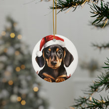 DistinctInk Hanging Ceramic Christmas Tree Ornament with Gold String - Great Gift/Present - 2 3/4 inch Diameter - Dachshund Puppy Drawing Design