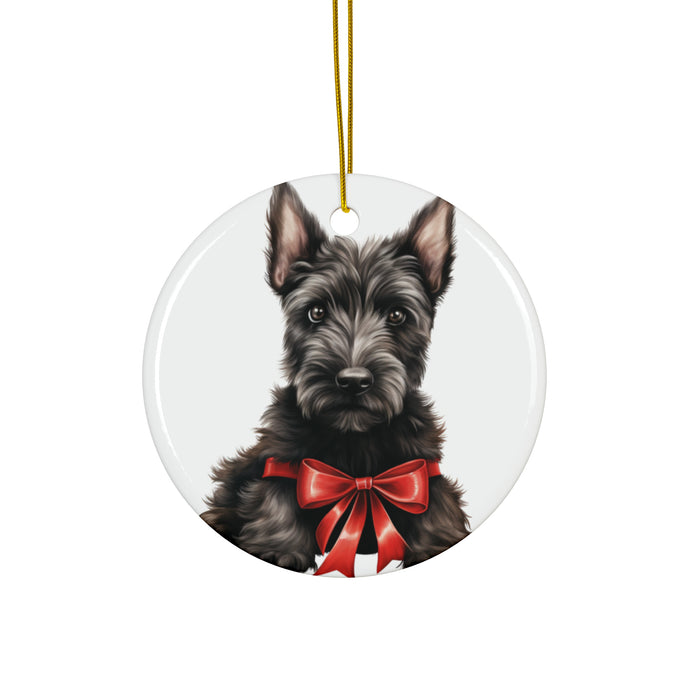 DistinctInk Hanging Ceramic Christmas Tree Ornament with Gold String - Great Gift/Present - 2 3/4 inch Diameter - Scottish Terrier Puppy Drawing Design