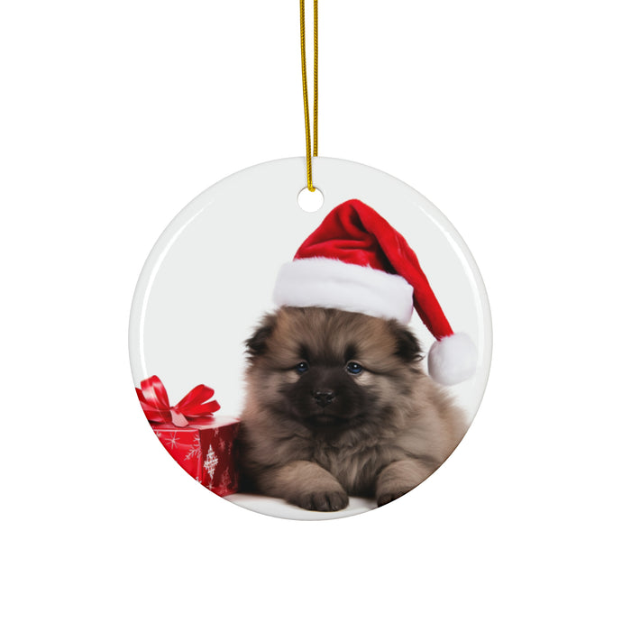 DistinctInk Hanging Ceramic Christmas Tree Ornament with Gold String - Great Gift/Present - 2 3/4 inch Diameter - Keeshonden Puppy Design