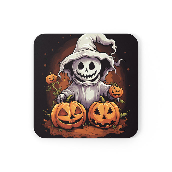 DistinctInk (Set of 4) Corkwood Coasters with Trick or Treat Ghost-O-LanternDesign for Halloween