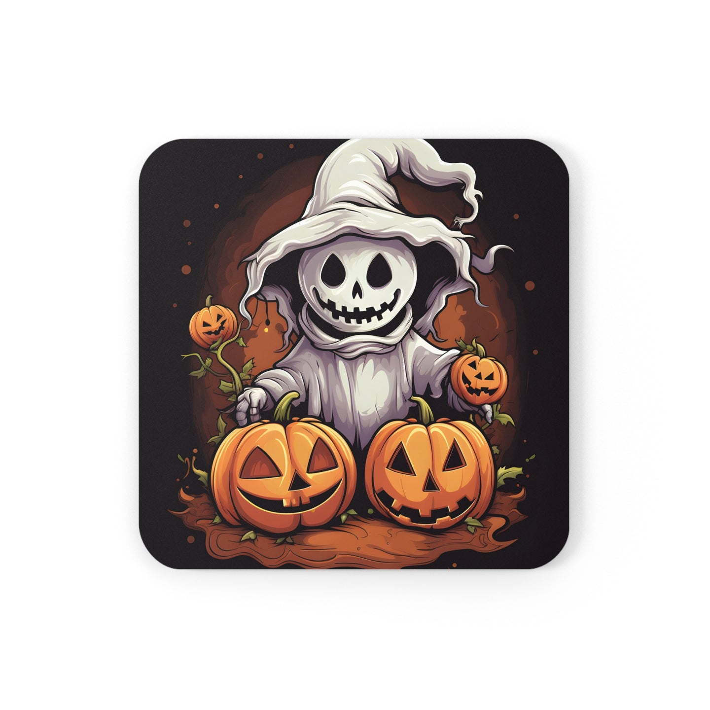 DistinctInk (Set of 4) Corkwood Coasters with Trick or Treat Ghost-O-LanternDesign for Halloween