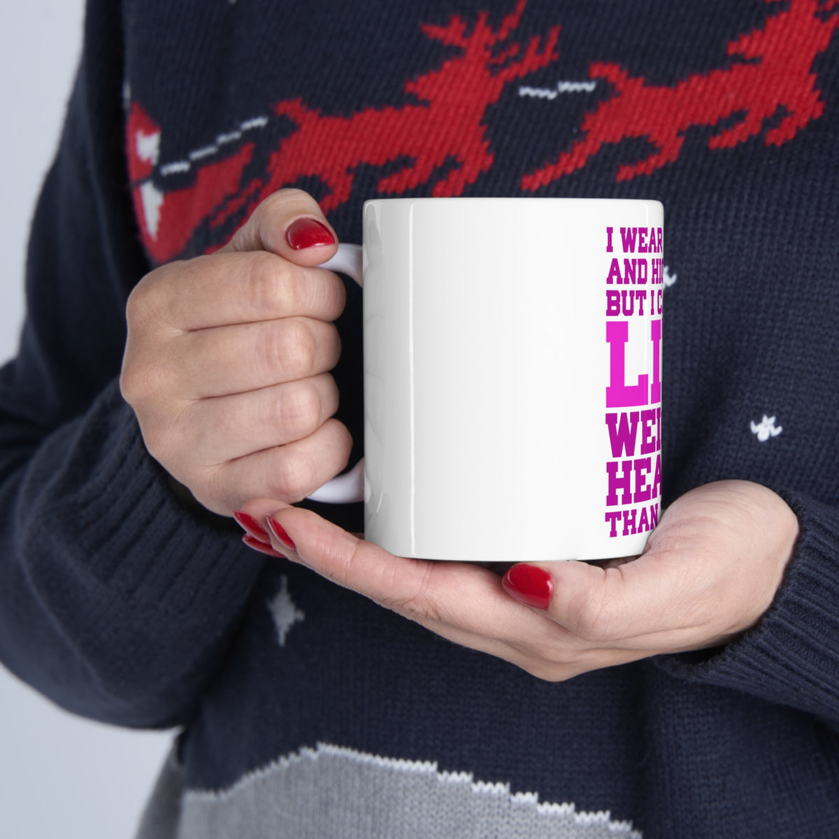 Glossy White Coffee / Tea Mug - Lipstick & High Heels Can Life Weights Heavier, view 11