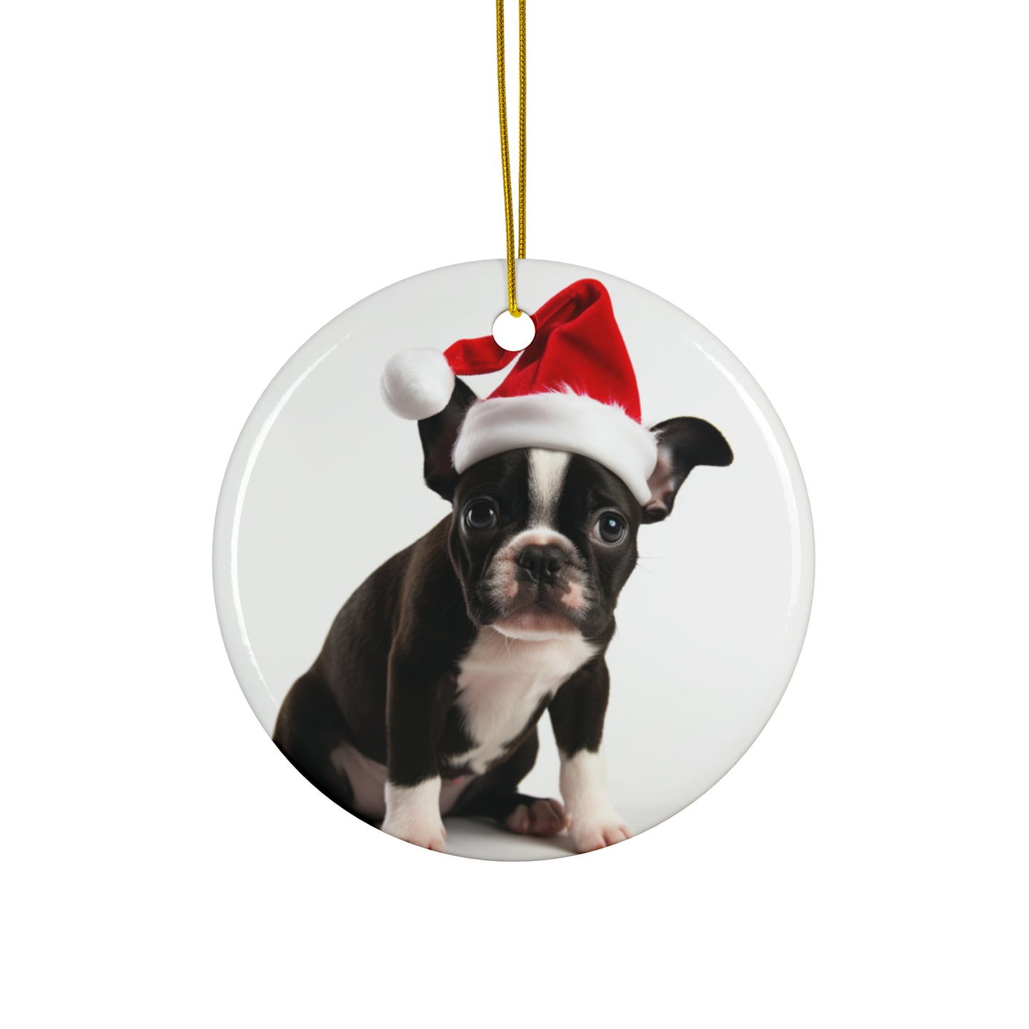 DistinctInk Hanging Ceramic Christmas Tree Ornament with Gold String - Great Gift/Present - 2 3/4 inch Diameter - Boston Terrier Puppy Design