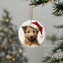 DistinctInk Hanging Ceramic Christmas Tree Ornament with Gold String - Great Gift/Present - 2 3/4 inch Diameter - Berger Picard Puppy Drawing Design
