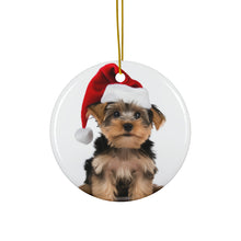 DistinctInk Hanging Ceramic Christmas Tree Ornament with Gold String - Great Gift/Present - 2 3/4 inch Diameter - Yorkshire Terrier Design