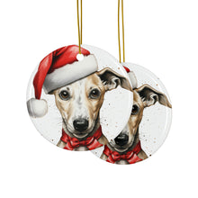 DistinctInk Hanging Ceramic Christmas Tree Ornament with Gold String - Great Gift/Present - 2 3/4 inch Diameter - Whippet Puppy Drawing Design