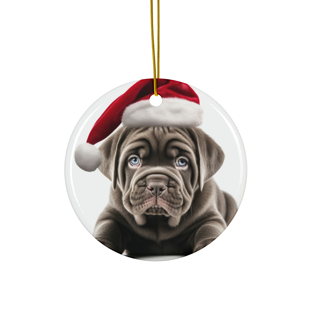 Hanging Ceramic Christmas Tree Ornament with Gold String - Neapolitan Mastiff Puppy Design