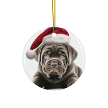 DistinctInk Hanging Ceramic Christmas Tree Ornament with Gold String - Great Gift/Present - 2 3/4 inch Diameter - Neapolitan Mastiff Puppy Design