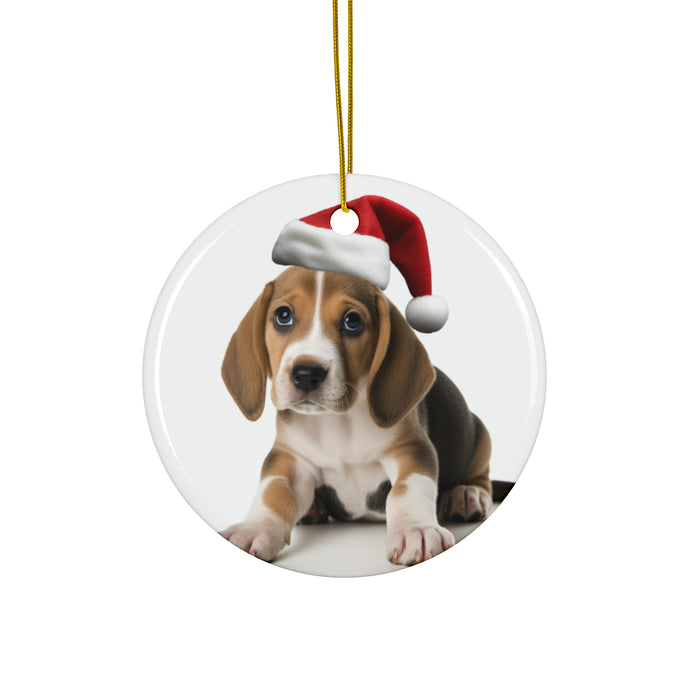 DistinctInk Hanging Ceramic Christmas Tree Ornament with Gold String - Great Gift/Present - 2 3/4 inch Diameter - English Foxhound Puppy Design