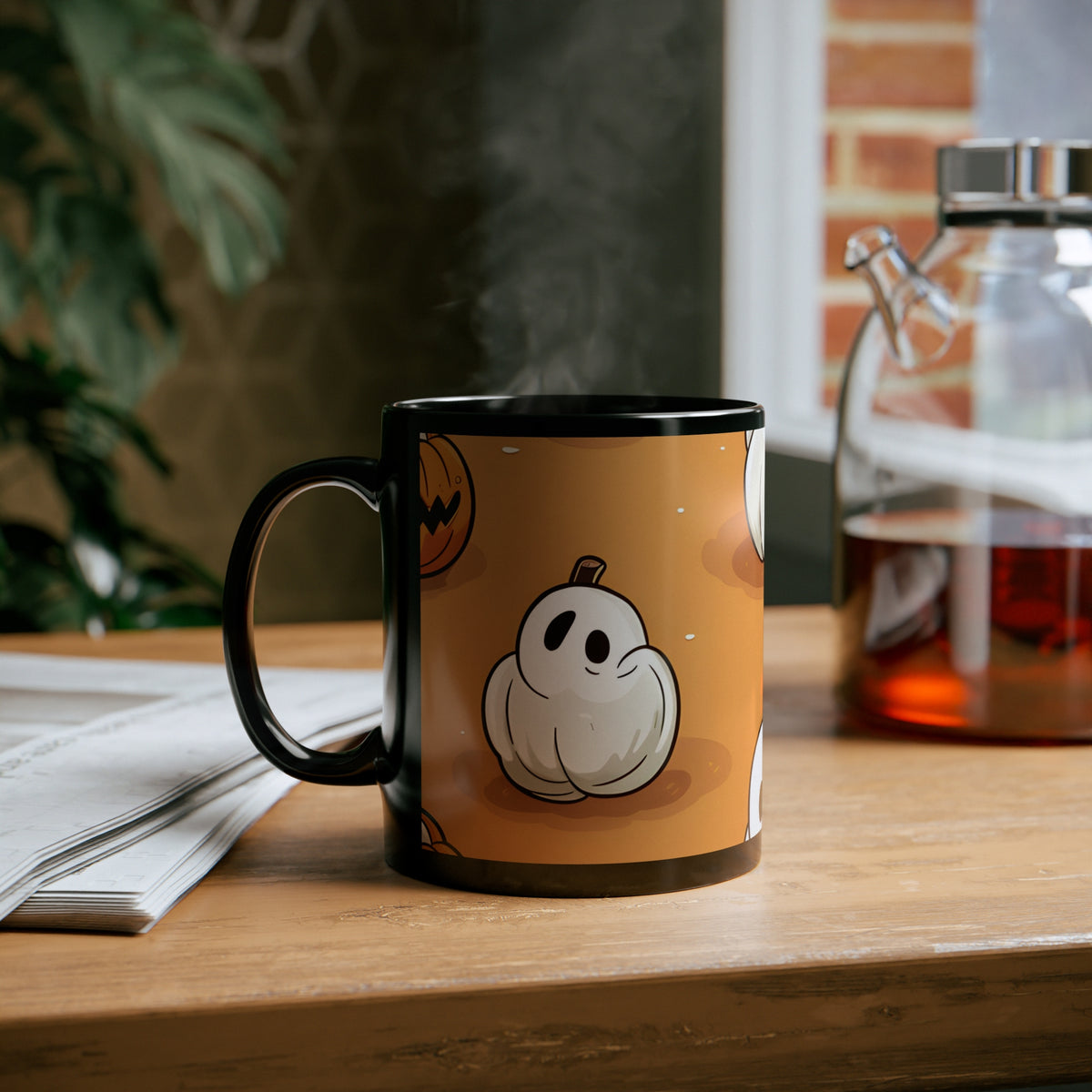 Black Coffee Mug - Ghastly Skeleton Pumpkin adorned for Halloween, view 6