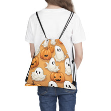 DistinctInk Drawstring Bag / Backpack with Ghostly Skeleton Pumpkin Patch Design for Halloween