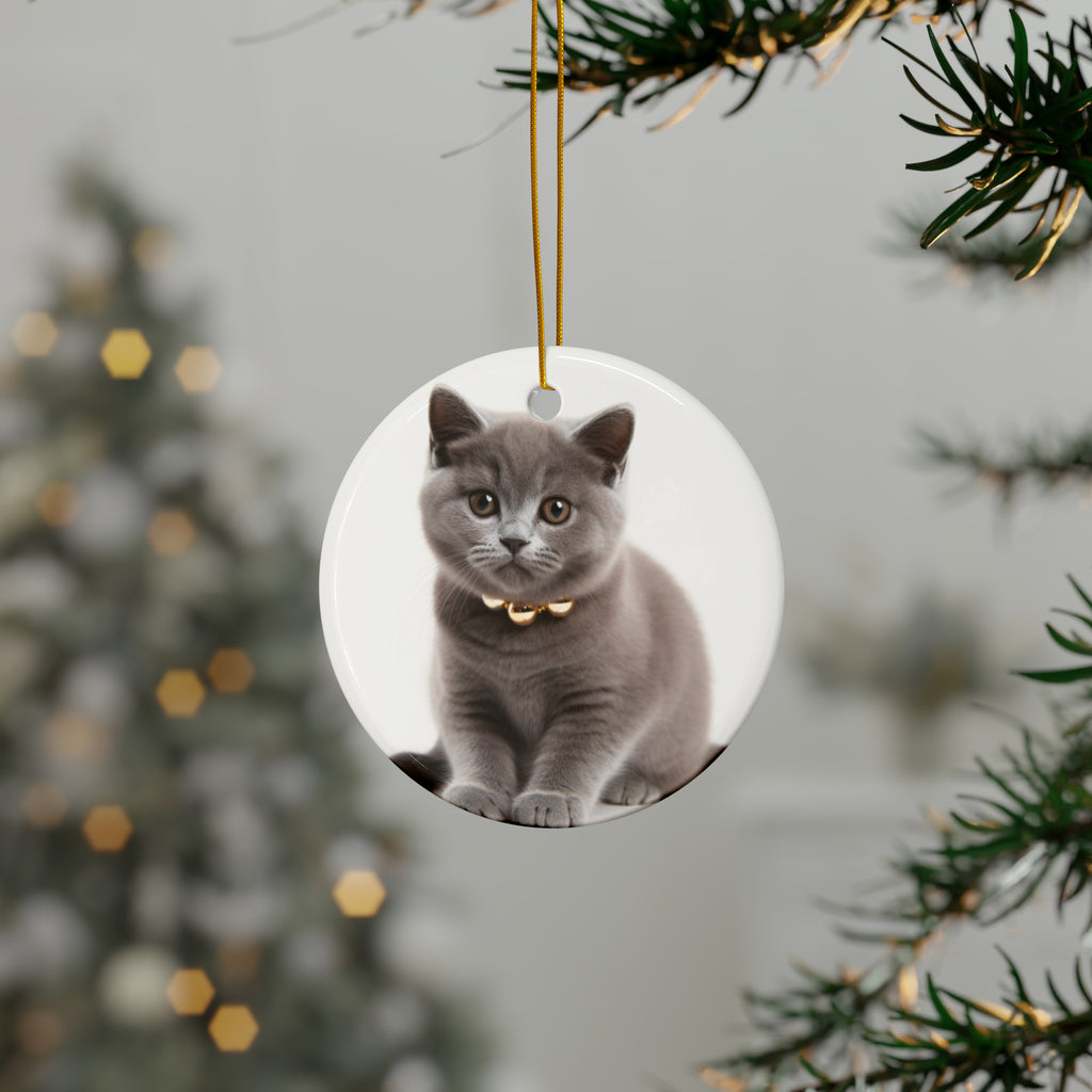 Hanging Ceramic Christmas Tree Ornament with Gold String - Chartreux Kitten Design, view 3