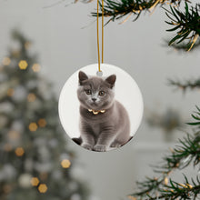 DistinctInk Hanging Ceramic Christmas Tree Ornament with Gold String - Great Gift/Present - 2 3/4 inch Diameter - Chartreux Kitten Design