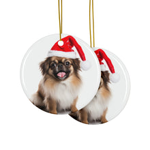 DistinctInk Hanging Ceramic Christmas Tree Ornament with Gold String - Great Gift/Present - 2 3/4 inch Diameter - Tibetan Spaniel Design