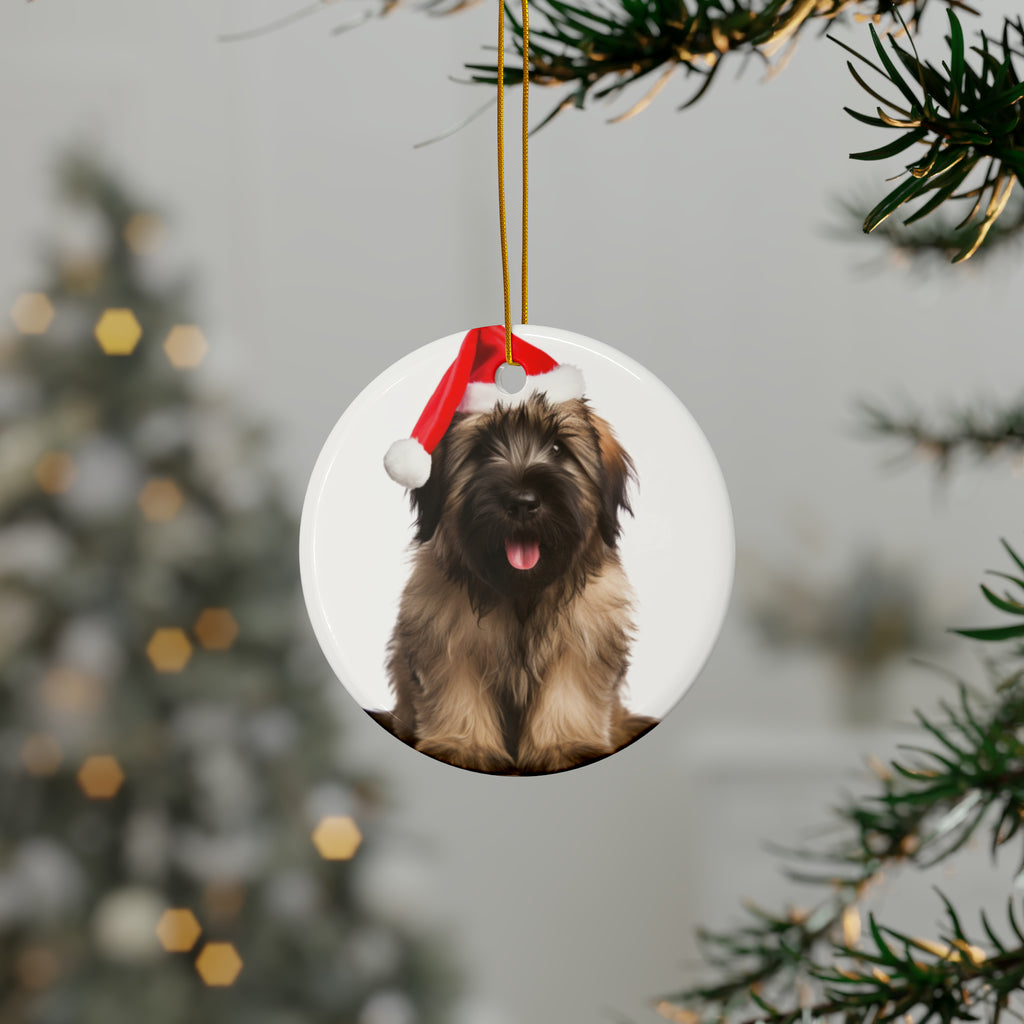 Hanging Ceramic Christmas Tree Ornament with Gold String - Briard Puppy Design, view 3
