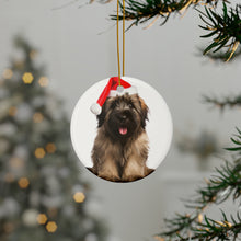 DistinctInk Hanging Ceramic Christmas Tree Ornament with Gold String - Great Gift/Present - 2 3/4 inch Diameter - Briard Puppy Design