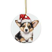DistinctInk Hanging Ceramic Christmas Tree Ornament with Gold String - Great Gift/Present - 2 3/4 inch Diameter - Pembroke Welsh Corgi Puppy Drawing Design