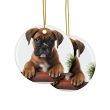 DistinctInk Hanging Ceramic Christmas Tree Ornament with Gold String - Great Gift/Present - 2 3/4 inch Diameter - Boxer Puppy Design