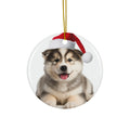 Hanging Ceramic Christmas Tree Ornament with Gold String - Alaskan Malamute Puppy Design