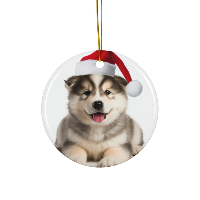 DistinctInk Hanging Ceramic Christmas Tree Ornament with Gold String - Great Gift/Present - 2 3/4 inch Diameter - Alaskan Malamute Puppy Design