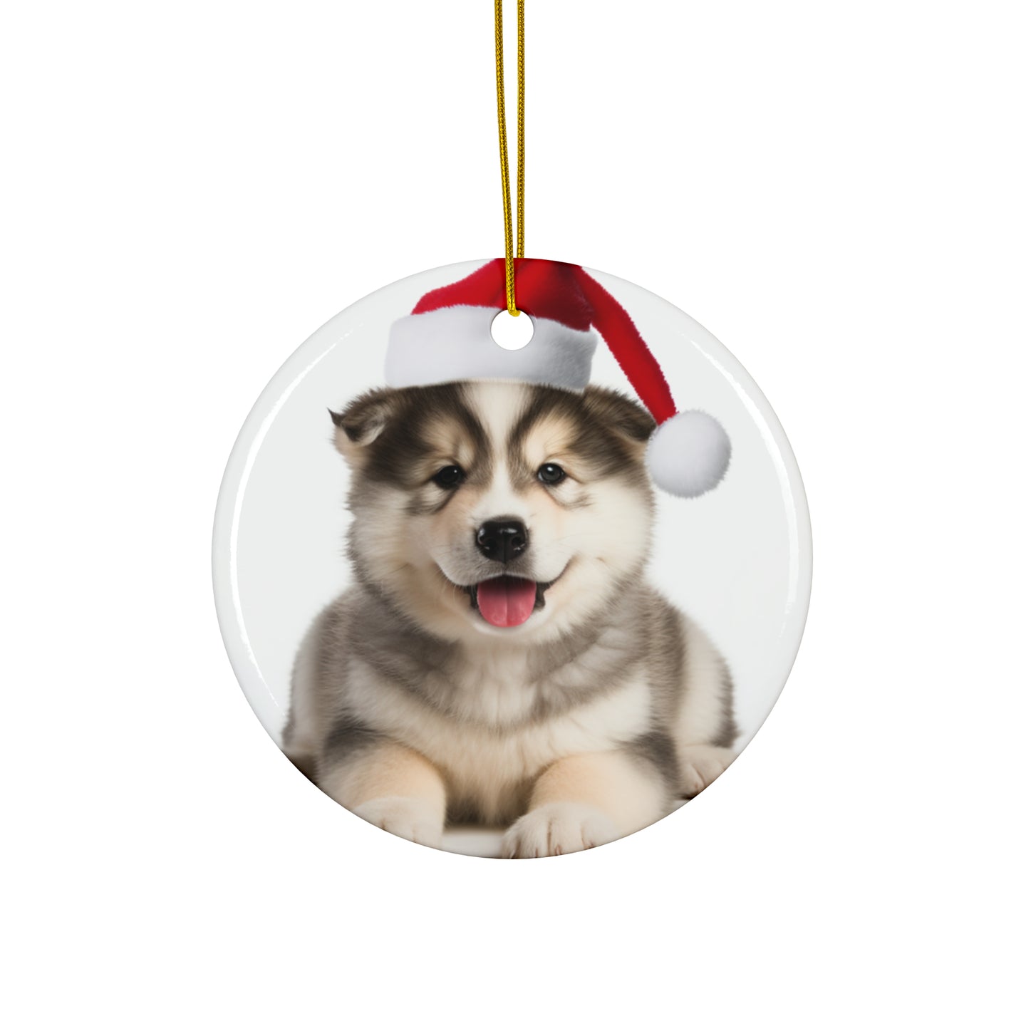 DistinctInk Hanging Ceramic Christmas Tree Ornament with Gold String - Great Gift/Present - 2 3/4 inch Diameter - Alaskan Malamute Puppy Design