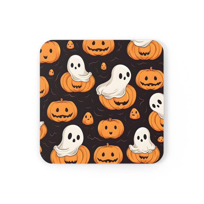 DistinctInk (Set of 4) Corkwood Coasters with Haunted Skeleton Pumpkin PatchDesign for Halloween
